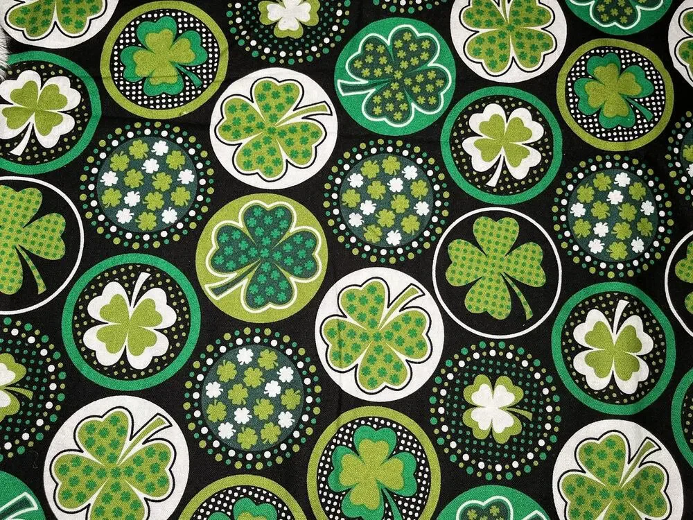 Shamrocks with Dots Black Background St. Patrick's Day Cotton Fabric 3/4 yard